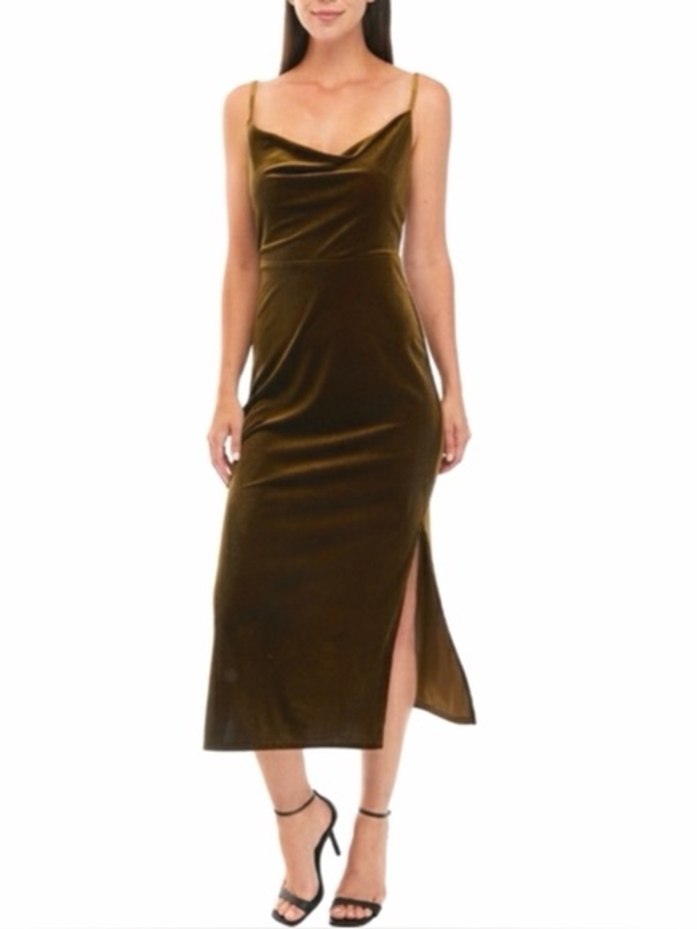 NWT Olive Green Velvet Soft Semi-Formal Cocktail Midi Dress with Cowl Neckline